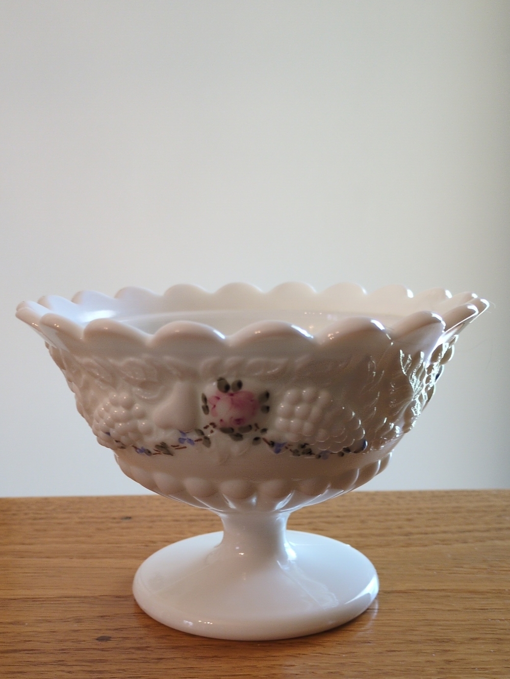 Westmoreland Milk Glass pedestal candy dish/compote in the "Roses and Bows"